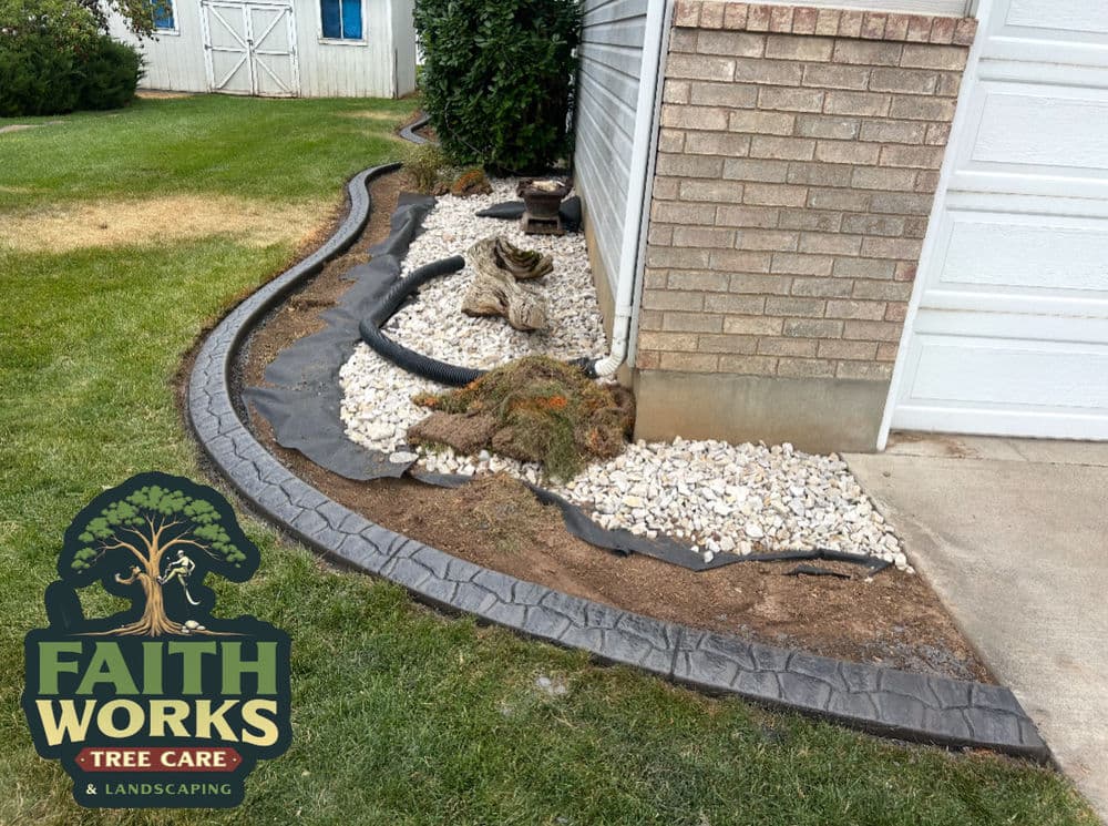 Landscaped garden with rocks, decorative elements, and Faith Works Tree Care logo.